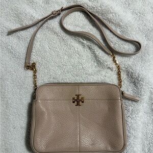 Tory Burch Blush Pebbled Leather Crossbody with Gold Logo